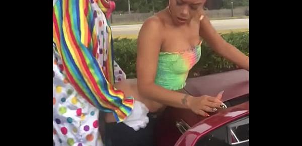  Gibby The Clown fucks Jasamine Banks outside in broad daylight